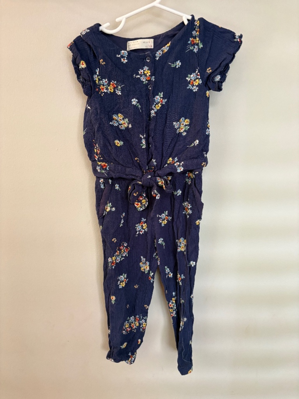 Zara Girls Navy Floral Jumpsuit Size 4/104 Tie Waist Crinkle Gauze Boho